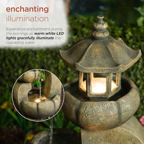 Image of Alpine Corporation 32 inch Tall 2-Layer Pagoda Polystone Fountain with LED Lights, Cascading Waterfall, Outdoor Garden and Patio Water Feature, Zen Decor, Relaxing Sound, Brown