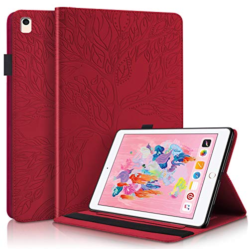 CaseFun Case For 2018/2017 iPad 9.7 5th / 6th Generation/iPad Air 2 / iPad Air Cover Auto Sleep/Wake Cover Stand Folio Cover Case,with Document Card Slots, Fit iPad 6th / 5th Gen, iPad Air 1/2,Red