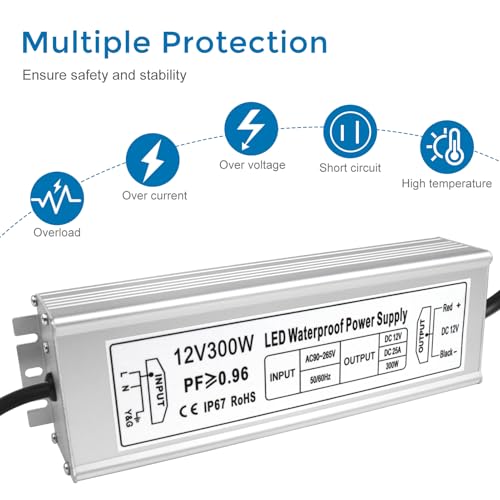 Image of LED Driver 300W 12V Power Supply, IP67 Waterproof Low Voltage Transformer, 110V AC to 12V DC Converter for Outdoor Landscape Lighting and LED Strip, with 3-Prong Plug 3.3FT Cable