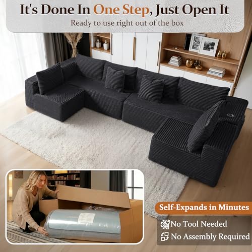 Image of 138 inch Cloud Sectional Couch, Comfort U Shaped Sofa for Living Room, Extra Deep Seats No Assembly, Minimalist Modular Couch, Corduroy (Black, 6 Seats,U-Shape B)
