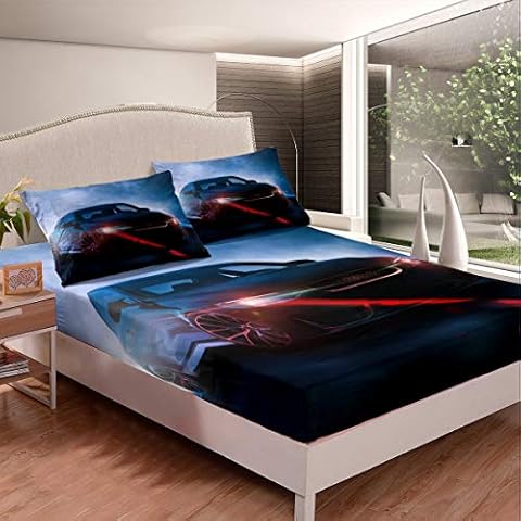 Loussiesd Rennsportwagen Spannbetttuch Herren Extremsport Thema Bettlaken Set Cool Modern Schwarzes Auto Spannbettlaken 90x200cm Cover