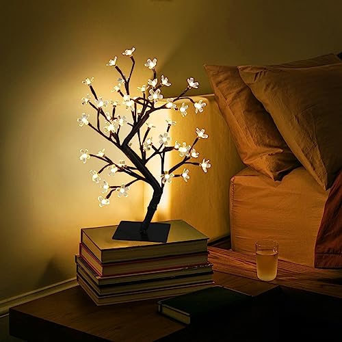 Peiduo 17.5 Inch Lighted Cherry Blossom Tree, 48 Warm White Lights Plug In Adapter, Light Up Bonsai Tree For Christmas Indoor Home Bedroom Living Room, Tabletop Decor Night Light Artificial Tree thumb #8