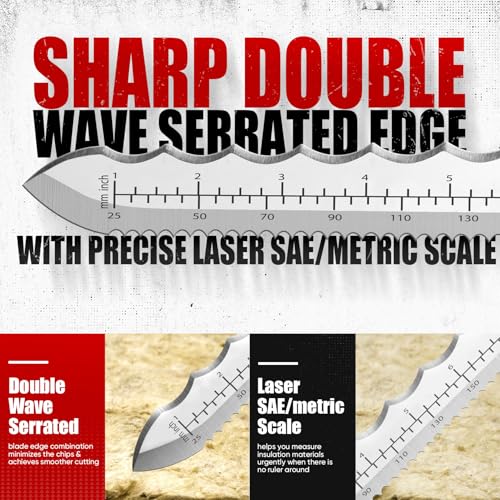 Image of PINOZE 8 inch Insulation Knife, Stainless Steel Blade Insulation Cutter w /Laser Scale, Dual-Side Serrated Duct Knife Tool with Sheath for Cutting Heat Material Foam /Rockwool /Styrofoam, Garden Sod Cutter