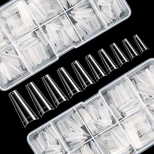 1000PCS French Coffin Ballerina Nail Tips Acrylic Nails Artificial Half False Flake Nail Tips 10 sizes with Clear Plastic Cases for Nail Salon Nail Shop DIY Nail Art Ballerina Nails
