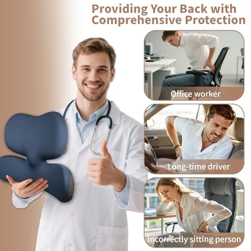 Image of Memory Foam Seat Cushion,Office Chair Cushion with Lumbar Support for Back Pressure Relief, Car Seat Cushion with Adjustable Strap,Sciatica Pad Cushions for Car,Truck, Desk (Navy Yk)