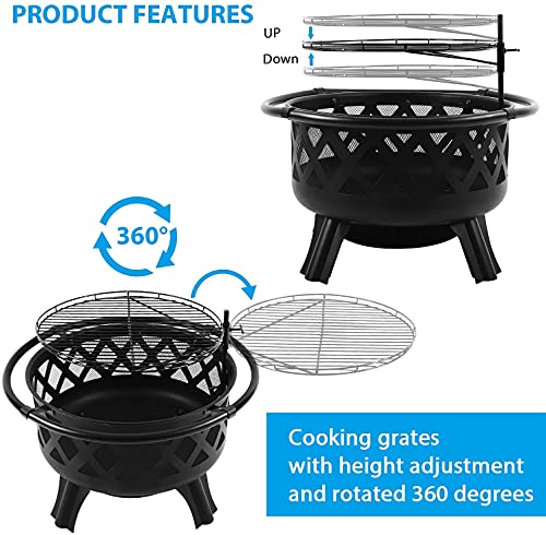 Outdoor 30 Inch Fire Pit Fireplace Steel Burning Patio Bonfire Bowl BBQ Grill Firepit with Spark Screen and Fireplace Poker for Backyard Garden Camping Bonfire Patio (30 Inch)