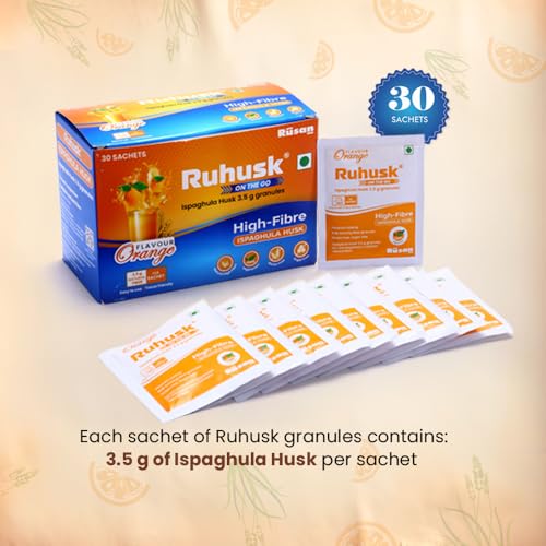 Image of Ruhusk Ispaghula /Isabgol Husk 3.5g Orange Flavour 30 Sachets | Constipation Relief & Digestive Health | Natural Fiber Supplements