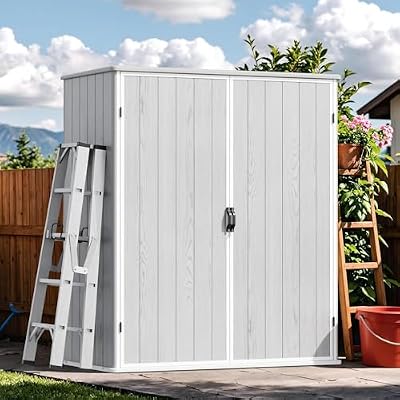 Devoko 5x3 FT Resin Storage Shed with Floor, Plastic Outdoor Storage Cabinet with Lockable Door, Waterproof Vertical Tool Small Shed for Patio Garden Backyard, Light Gray