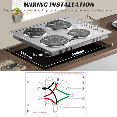 Karinear 24 inch Electric Stainless Steel Cooktop, 5200W Electric Hob for Cooking, Built-in and Countertop Ceraminc Stove Top with 4 Burners, Knob Control, 16 Power Levels, 220-240V, No Plug