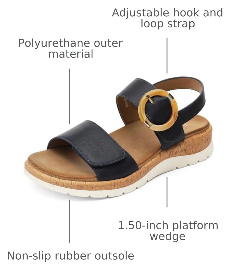 Image of UBFEN Womens Low Wedge Walking Sandals with Arch Support | Open Toe Sandals Adjustable Instep and Ankle Straps for Summer Everyday Outfits, Travel,Vacation