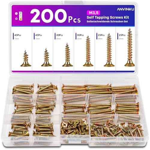 ANVINKU 200PCS Screws for Wood M3.5 Wood Screws Assortment, Color Zinc Self Tapping Screw, Countersunk Screw Set for Furniture Repairs
