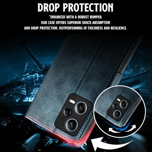 Image of WOW IMAGINE Shock Proof Flip Cover Back Case for Redmi Note 12 Pro 5G (Magnetic Button Flip Case | Wallet Pockets & Stand | Leather Finish | Oxford Blue)