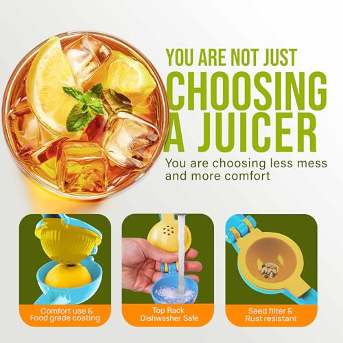 Image of Zulay Metal 2-In-1 Lemon Squeezer Manual - Sturdy, Max Extraction Hand Juicer Lemon Squeezer Gets Every Last Drop - Easy to Clean Manual Citrus Juicer - Easy-to-Use Lemon Juicer Squeezer - Blue /Yellow