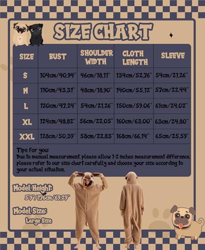 sazpajacos Mops Einteiliger Pyjamas Mops Kostüm Tier Nachtwäsche Cartoon Mops Onesie Frauen Männer Weihnachten Karneval Cosplay Kostüm, Hellbraun M
