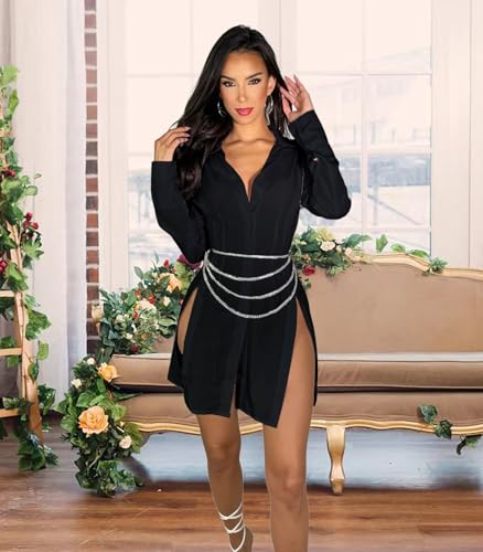 Image of Shirt Dress for Women Sexy Button Down Date Night Dresses Ruched Slit Stand Collar Long Sleeve Blouses