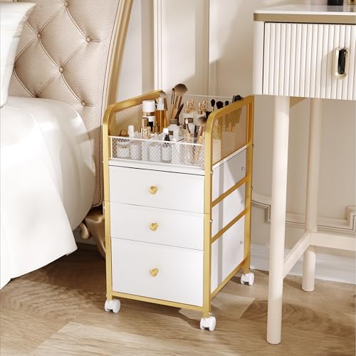 Image of Rolling Makeup Organizer Cart with 3 Drawers, Under Desk Vanity Makeup Storage Cart, Bathroom Storage Cart Cosmetic Display Cases Cabinet for Nail Polish, Brushes & Hair Tools, Gold
