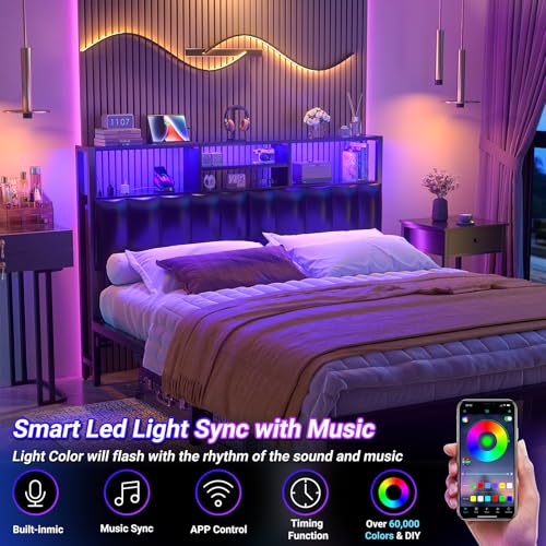 Image of Aheaplus Headboard for Queen Size Bed with Storage, Upholstered Headboards | with Outlets, USB Ports and LED Light, Reversible Queen Size Head Board, Height Adjustable, Comfortable Headboard, Black