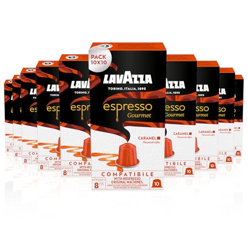 Lavazza, Espresso Gourmet Caramel, 100 Cápsulas de Aluminio Compatibles con Máquinas Nespresso Original, con Aroma Natural de Caramelo, 100% Arábica, Intensidad 8/13, Tostado Medio