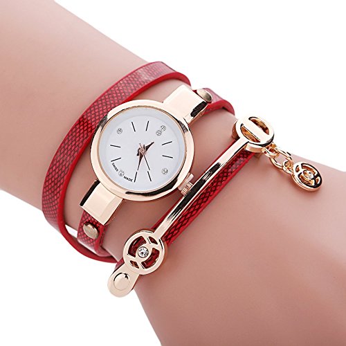 Preisvergleich Produktbild mcitymall77 Damen Retro Vintage PU Armbanduhr Armband Quarzuhren (Red)