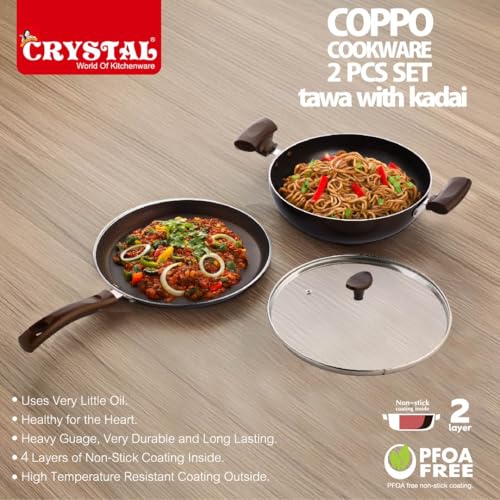 Image of Crystal Vivid Series Nonstick Cookware Set -3 Pcs | Tawa 250 mm + Kadai 240 mm + Glass Lid 240mm | Gas Stove Compatible