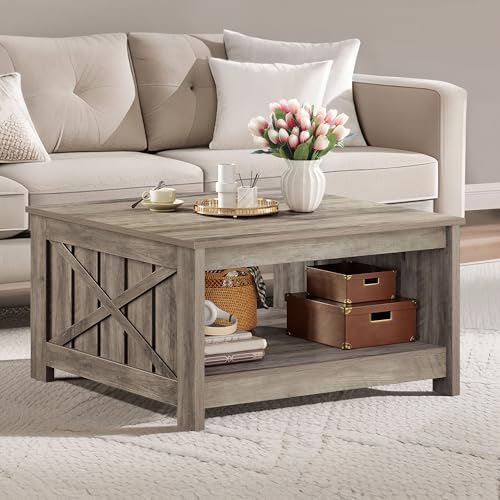 DWVO Square Coffee Table for Living Room, Farmhouse Coffee Table with Storage, 2-Tier Wood Coffee Tables Center Table with Half Open Storage Compartment, Rustic Grey
