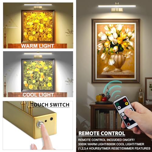 Image of Picture Light,5000mAh Battery Operated Wall Sconce,16inch Art Light,Brass | Metal Photo Lights for Wall,Remote Timer and Dimmer Gallery Light,Metal Painting Light for Portrait Display Frame