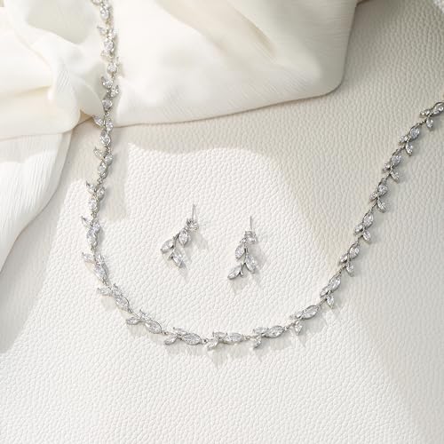 EleQueen Women's Wedding Cubic Zirconia Elegant Leaf Design Necklace Dangle Earrings， Bridal Jewelry Sets for Party Prom3