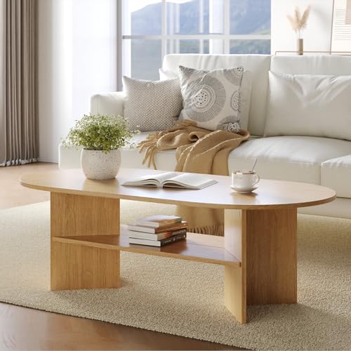 YOUDENOVA Couchtisch Ovaler Beistelltisch Holz Modern Wohnzimmertisch Coffee Table Klein Tisch für Wohnzimmer Natur Eiche 120 x 60 x 40 cm