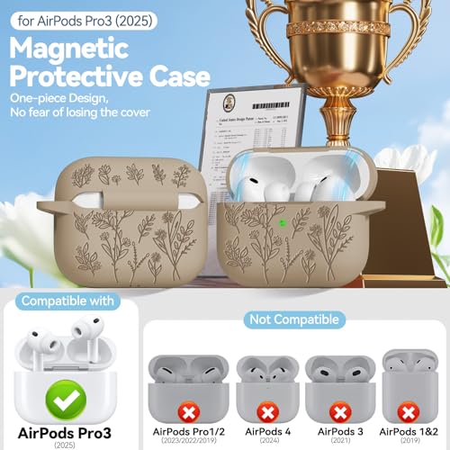 Image of for Airpods Pro 3 Case with Magnetic Lid, Flower Engraved Cases for Apple AirPods Pro 3rd Generation 2025, Soft Silicone Cover for Women Girly with Cleaner & Keychain, Shockproof