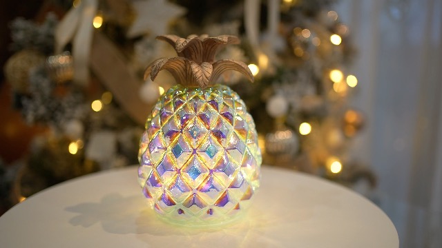Image of Iridescent Glass Pineapple Light - Battery-Powered LED Lamp with Steady & Twinkling Modes, 6-Hour Timer - Ideal for Tropical Decor & Gifts