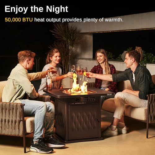 Image of EAST OAK 32'' Propane Fire Pit Table, 50,000 BTU Steel Gas FirePit for Outdoor, Outside Patio Deck and Garden, CSA Certified Fire Table with Magnetic Lid, Cover-Storage Basket and Lava Rock, Brown