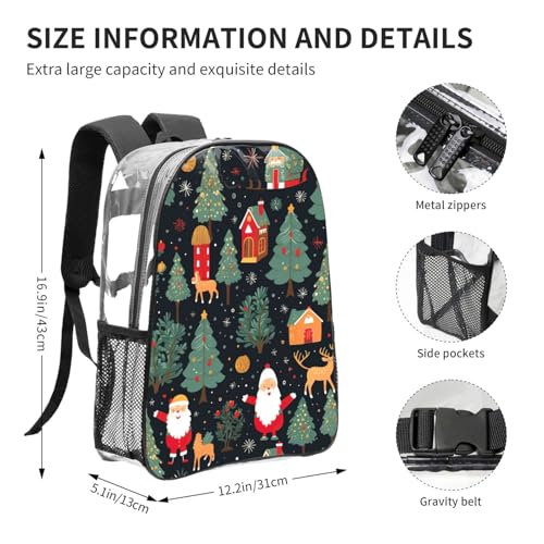 Christmas Deer Santa Claus Print Work Travel Stadium Events Transparent Backpack PVC Clear Bag Large Side Pockets4