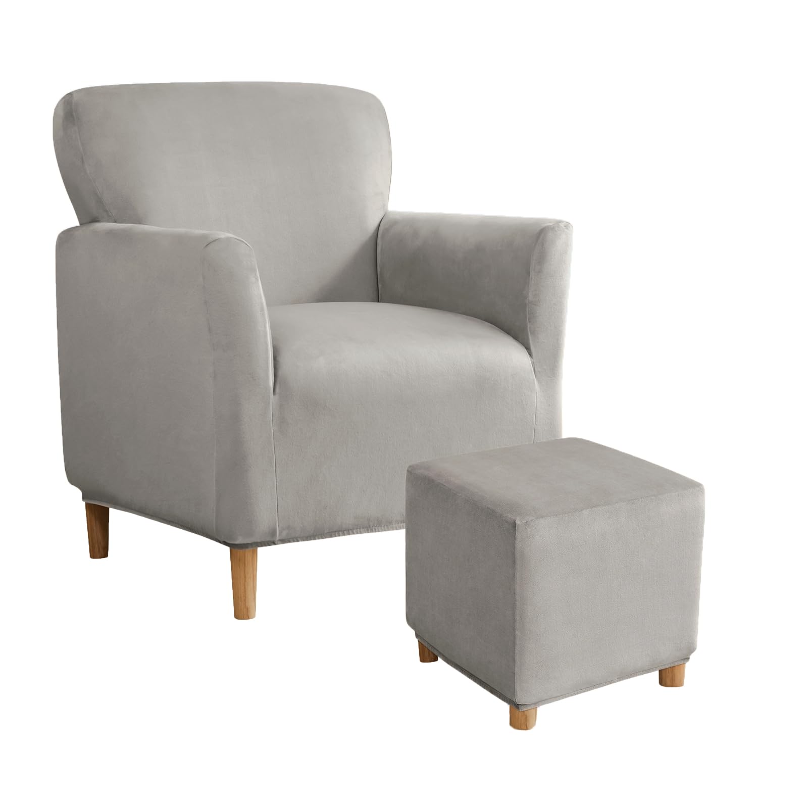 SYLC Stretch Velvet Armchair Sofa Covers with Ottoman Cover Rectangle/Square, Banquet Tub Chair Covers Footstool Slipcover Furniture Protector (Light grey,Chair+Ottoman Square M)