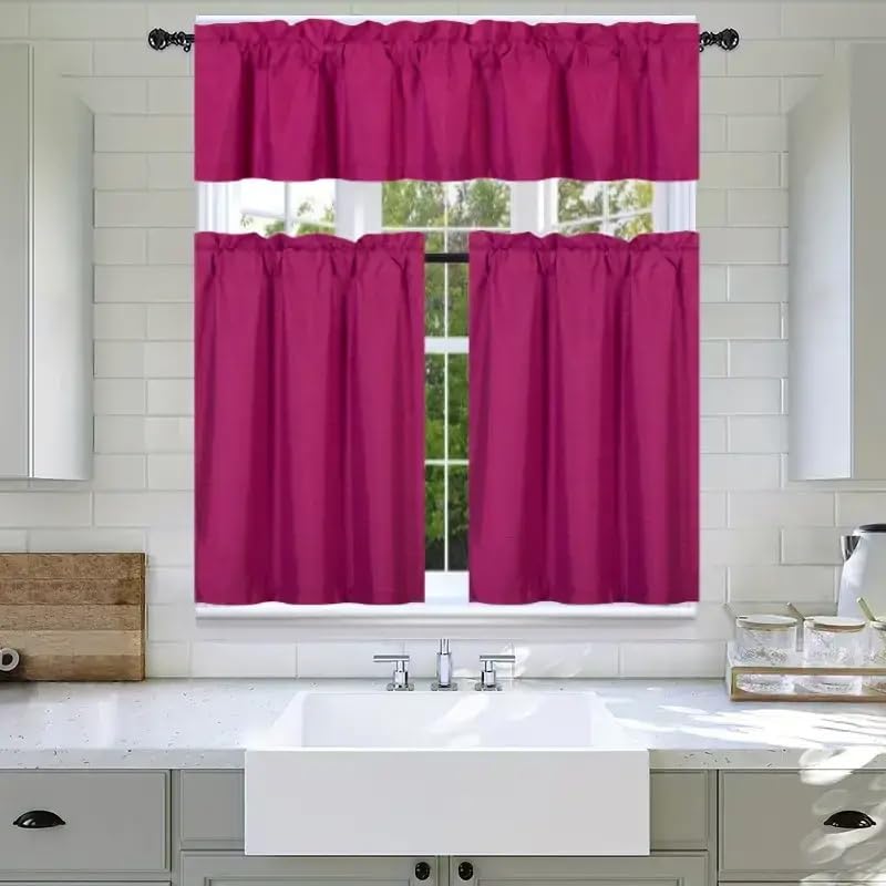 3Pc Set Solid Faux Silk Lined Blackout Rod Pocket Small Kitchen Window Curtain with Valance (K3) (HOT Pink)