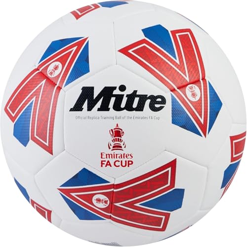 Mitre Training FA Cup Fußball | Leistungsstarker Trainingsball | Besonders strapazierfähiges Design | Ball Fußball, Weiß/Blau/Rot, 3