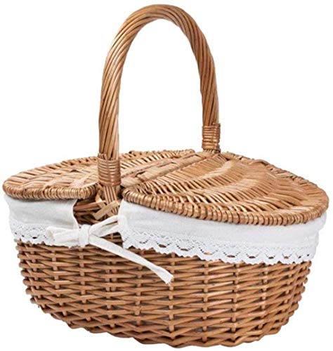 Kaikai Cesta de Mimbre Hecha a Mano Picnic al Aire Libre Cesta de Frutas Camping Compras de Compras Almacenamiento de Almacenamiento con Tapa Doble y Mango