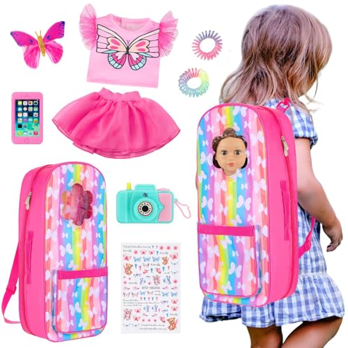 UNICORN ELEMENT 9 Items 18 inch Dolls Bag Set and Accessories Doll Carrier Including 18 Inch Doll Clothes, Camera, Sunglasses, Backpack and Sticker