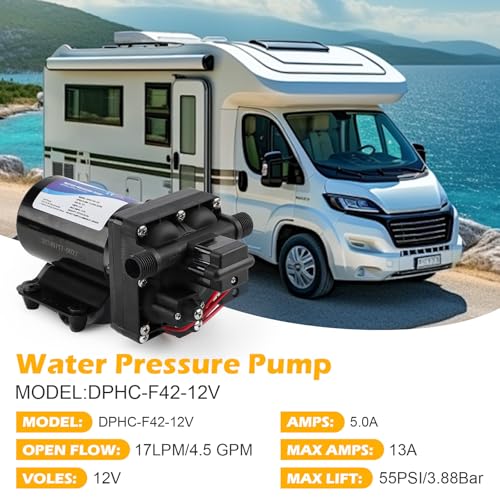 Image of 4048-153-E75 RV Water Pump, 12V 4.5 GPM, 55 PSI, 13 Amps Multi-Fixture Automatic Demand Pump for RV Caravan Marine Yacht Replaces# 4048153E75S