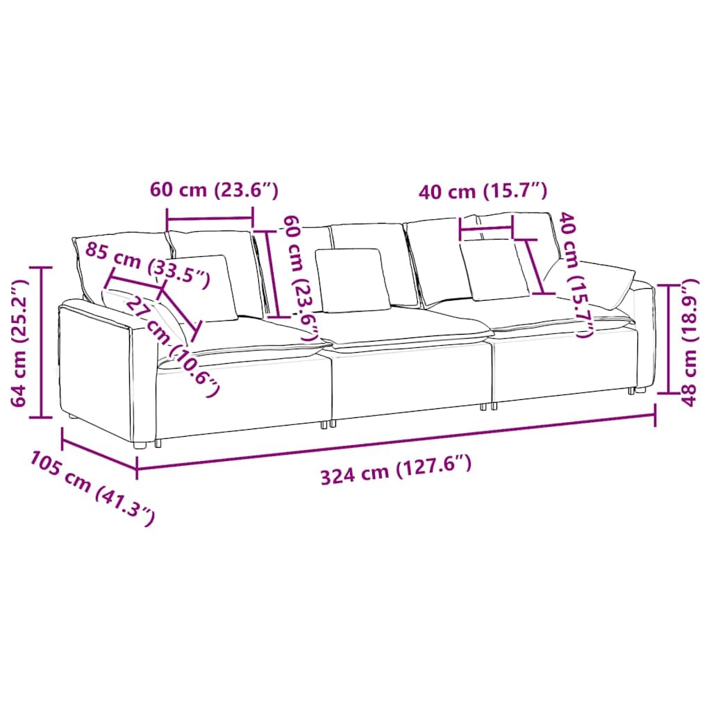 Modułowa sofa z poduszką, czarna, tapicerka materiałowa, 324 x 105 x 64 cm, 3-częściowy mebel do siedzenia z podłokietnikami i częścią środkową, sofa do rozbudowy do salonu