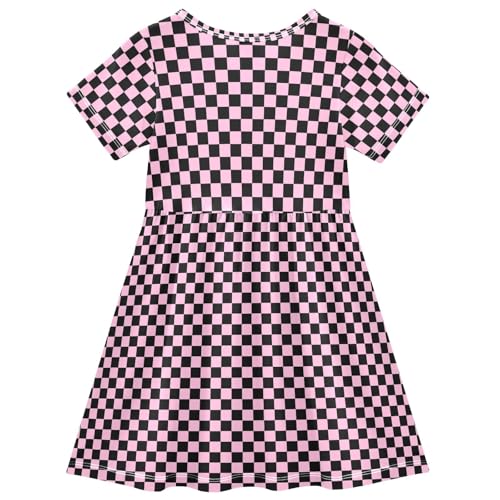 CaTaKu Girls Pink Black Checkered Dresses Toddler Summer Dress Short Sleeve Dresses for Girls Sundress 2-8T2