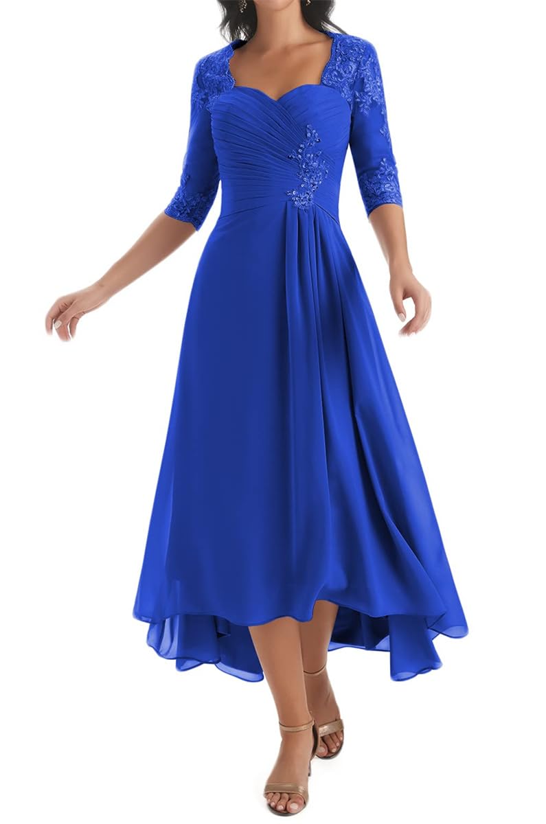 HPPEE Tea Length Royal Blue Mother of The Bride Dresses Plus Size or Wedding with Sleeves Lace Applique A Line Chiffon Formal Party Dress UK22