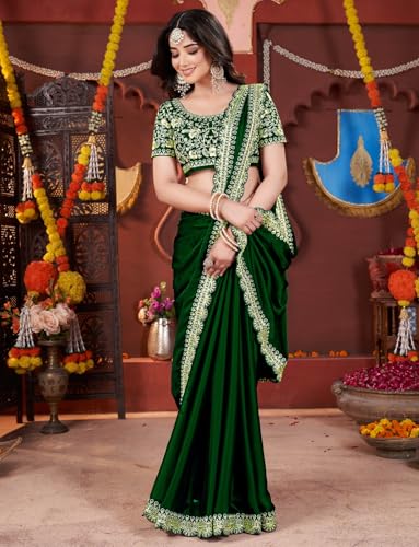 Image of DHARMEE Women's Elegant Designer Sarees Premium Rangoli Fabric with Embellished Border, Lightweight and Stylish Ethnic Wear - Perfect for Parties, Weddings, and Festive Occasions..