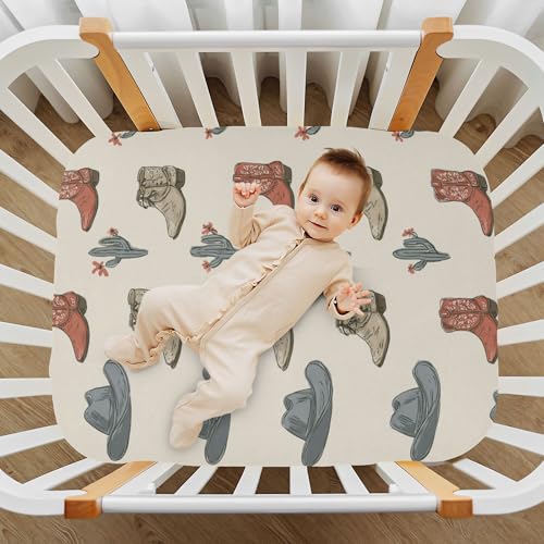 Image of Western Cowboy Boots Vintage Crib Sheets Soft Breathable Fitted Baby Crib Sheets Mattress Cover for Girls Boys, 52 inch x 28 inch x 9 inch