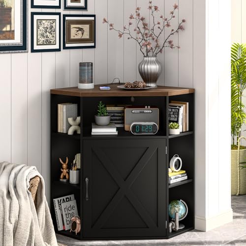 Image of Halitaa Corner Storage Cabinet, Farmhouse Corner Bookshelf with Storage 6-Cubby Wooden Cabinet with USB Ports and Outlets Industrial Organizer for Small Space, Study, Playroom, Black and Brown