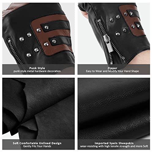 Fioretto Mens Fingerless Gloves Genuine Leather Unlined Half Gloves Punk Gloves For Driving Motorcycle Brown M #TOP3