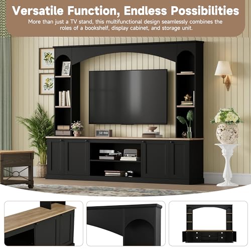 Image of JIJIWANG 91 inch Arched Entertainment Center with Bookshelf for TVs Up to 70 inch, Large Wall Unit Tv Stand with Storage Adjustable Shelves Doors for Living Room Black