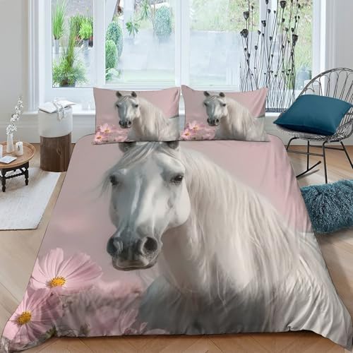 Housse de couette cheval blanc pour chambre d'adolescent et lit simple pastel