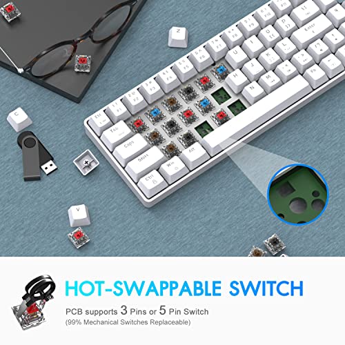 Image of LexonElec 60% Wireless Mechanical Gaming Keyboard, 2.4G /Bluetooth /Wired 69-Key Compact Keyboard with Numpad, Hot Swappable Red Switch White Backlit Programmable for Win /Mac (White)