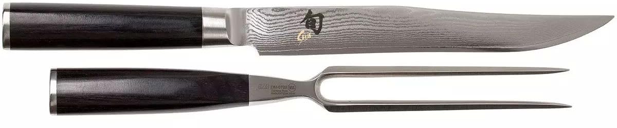 Shun KAI Classic japanisches Tranchier Set - Tranchiermesser 20 cm Klingenlänge Damast 32 Lagen VG MAX Kern - 61 (±1) HRC - Tranchiergabel 16,5 cm Zinken Edelstahl - Pakkaholzgriff schwarz