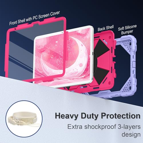 Image of Scnioy Case for iPad A16 11th Generation 11 Inch 2025, Rugged A16 iPad Case 10th Generation Cover with 360 Rotating Stand Screen Protector Pen Holder Shoulder Strap, Purple HotPink
